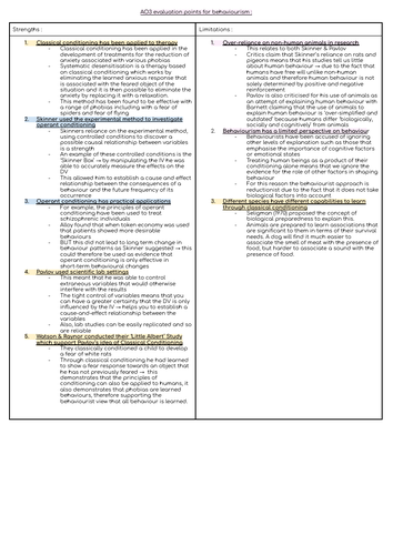 A-level Psychology AQA Approaches (AS) evaluation points