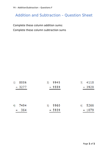 Y4 Maths - Addition/Subtraction (Free)