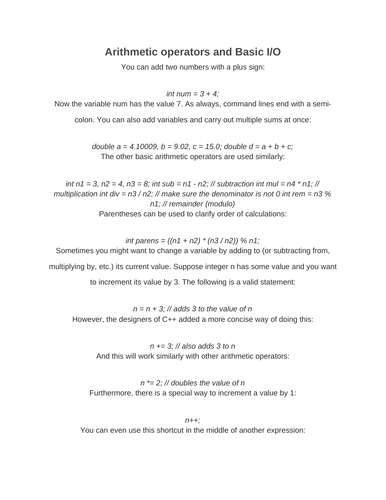 Arithmetic operators and Basic I/O | Teaching Resources