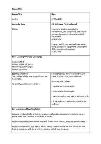 Identifying and categorising angles (2nd Level) lesson plan