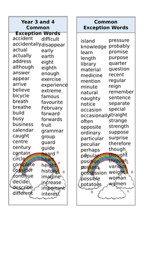 Year 3 and 4 Common  Exception Words Bookmarks