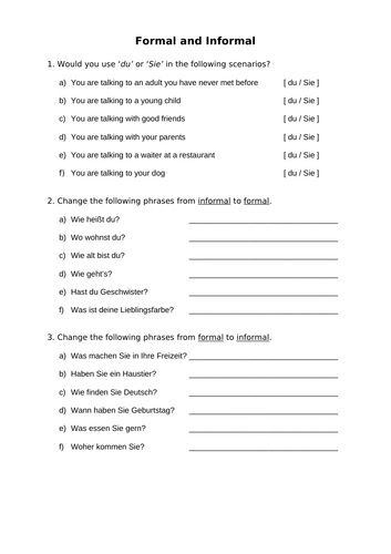 Formal and Informal German Worksheet