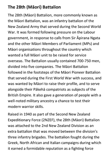 The 28th (Māori) Battalion Handout