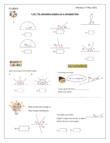 Maths - To calculate angles on a straight line