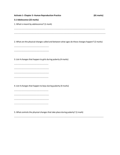 KS3- Year 7 Science-Human Reproduction- Worksheet and Mark scheme