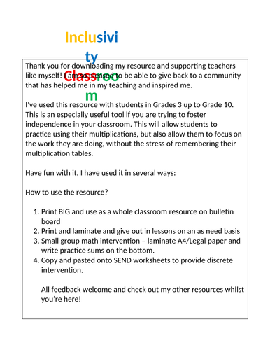 SEND Multiplication Grid/Chart - with ideas on how to use!