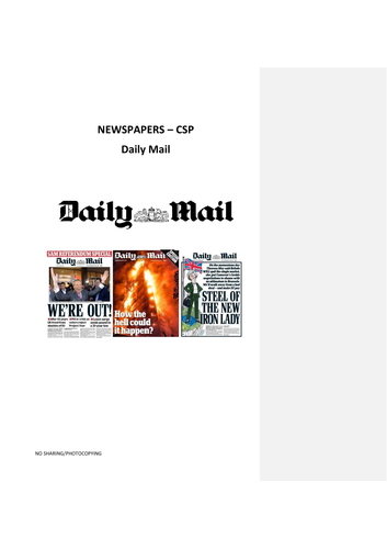 Summary Media Industry and Audience - The I, The Daily Mail  CSP (7572) - Paper
