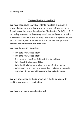 The Day the Earth Stood Still Writing Task Level 1