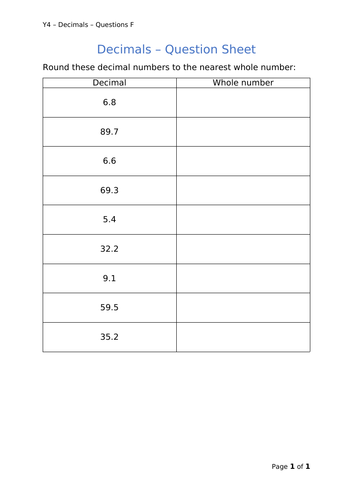 Y4 Maths - Decimals (Free)