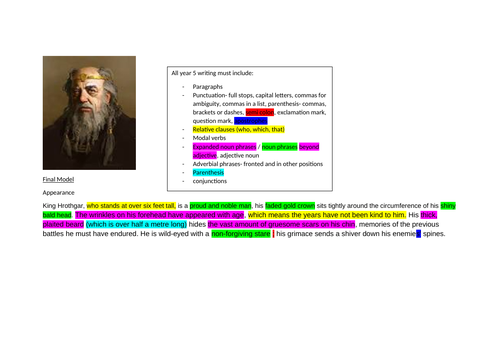 Beowulf: example text- character description (appearance) with features highlighted