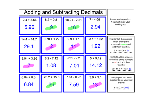 adding-and-subtracting-decimals-puzzle-teaching-resources