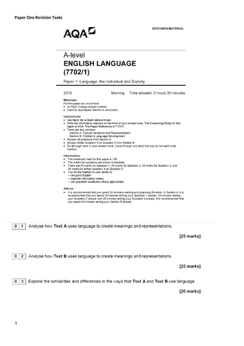 A Level English Language Consolidation Tasks for Paper One Based on Paper Two Topics