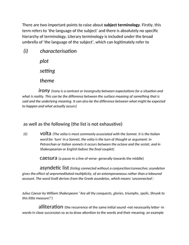 GCSE English Literature - revision sheet / lesson plan on Subject Terminology