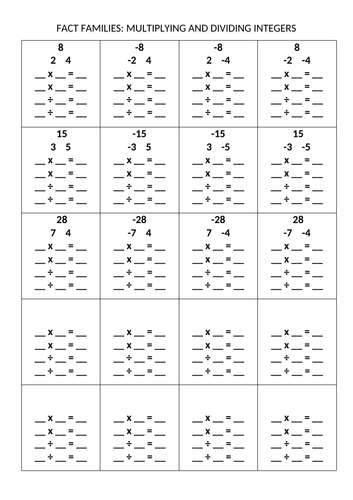 Integer Multiplication and Division - FactFamilies