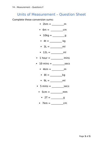 Y4 Maths - Units of Measurement (Free)