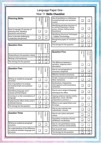 AQA Language Paper One and Two - Checklist and Tips Record