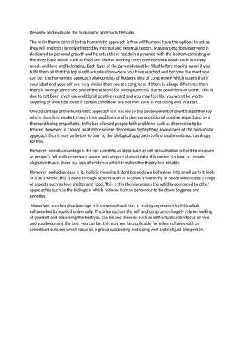 descibe and evaluate the humanistic approach