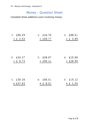 Y4 Maths - Money (Free)