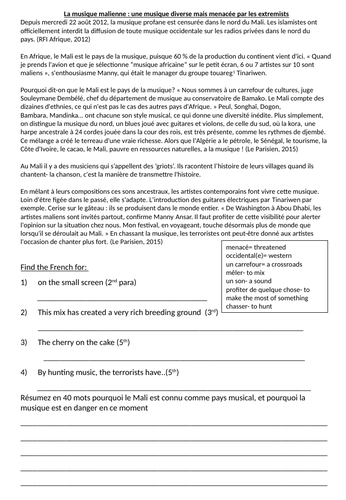 la musique malienne- fiche de travail