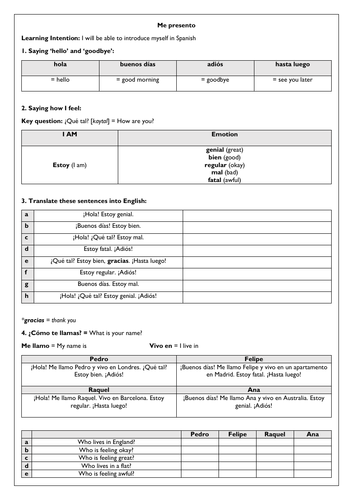 Spanish KS3 Me presento basics: greetings, qué tal, name, where I live