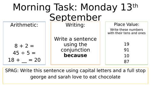 Year 2 Morning Tasks - Autumn Week 1 - Maths, SPAG, Writing