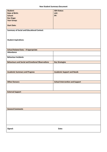New Student Summary Information Sheet
