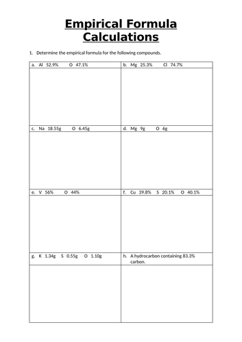 Empirical Formula Calculations Worksheet - Chemistry GCSE / A-level
