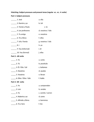 Subject pronouns and present tense matching practice