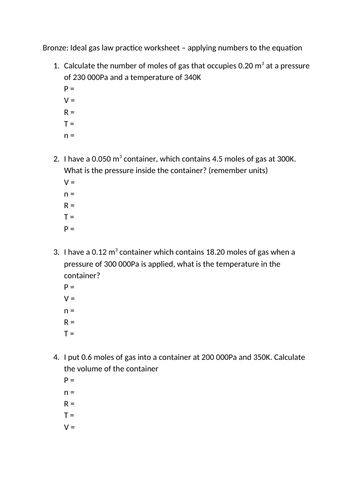 Ideal gas law BSG sheets, pV=nRT