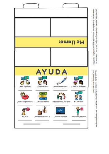 spanish beginners - desk cheat sheet with name and key phrases for the first days