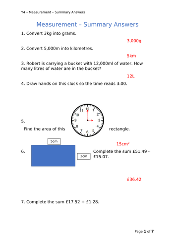 Y4 Maths - Measurement - Mixed Questions