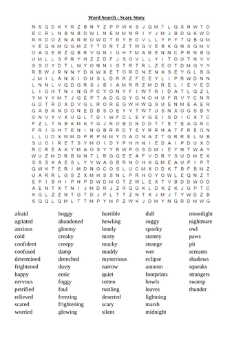 Word search and word bank for scary story S1, S2, KS 3