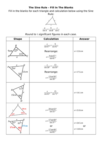 Sine Rule - Fill In The Blanks