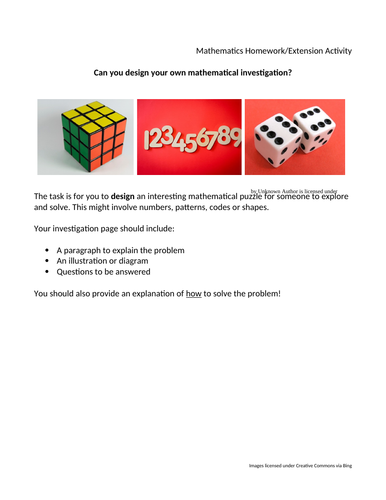 Mathematics homework task KS2 extension activity investigation 'design your own'