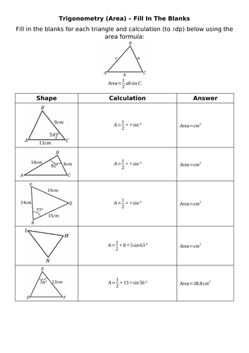 Trigonometry (Area) - Fill In The Blanks