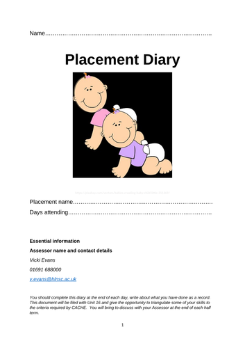 Placement Diary / reflective journal for childcare practitioners