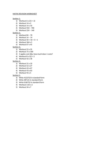 Maths revision worksheet