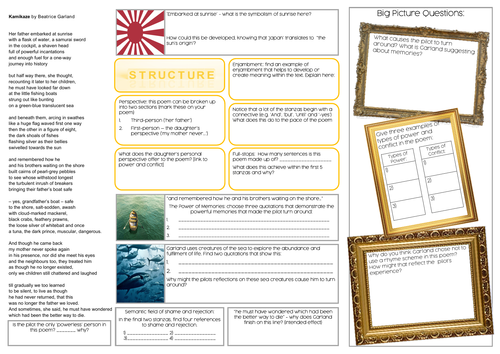 Kamikaze - A3 Analysis Worksheet - GCSE Literature AQA - Beatrice Garland