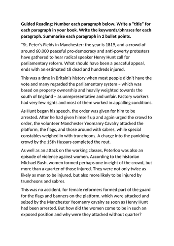 Guided reading: role of women at Peterloo