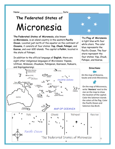 The Federated States of Micronesia - Introductory Geography Worksheet
