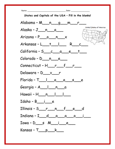 50 States and Capitals - Fill in the Blanks