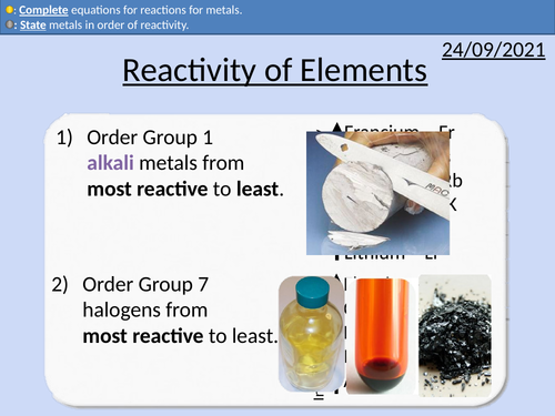 Gcse Chemistry Reactivity Of Elements Teaching Resources