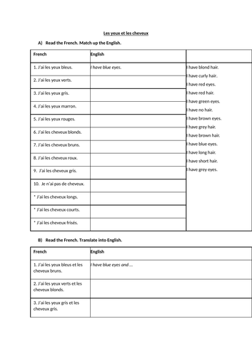 French Hair and Eyes worksheet