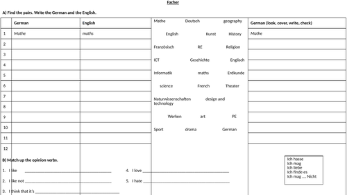 German School subjects and basic opinions worksheet