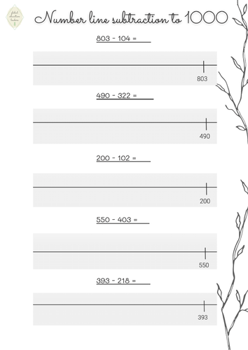 Number line subtraction  to 1000 worksheets