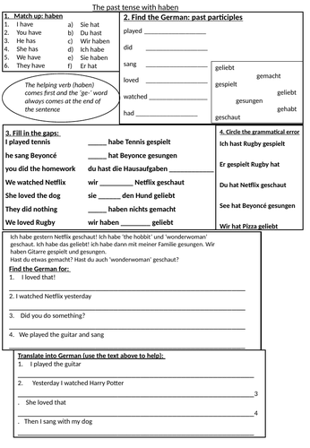 Past tense with haben Conti style worksheet KS3