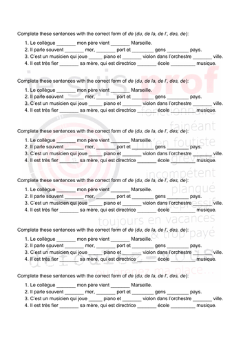 French grammar - de/du/de la/des gapfill exercise