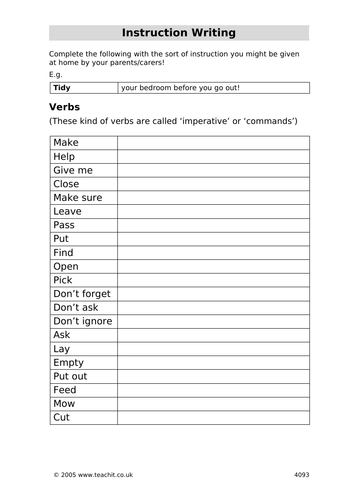 Instructions on writing sentences