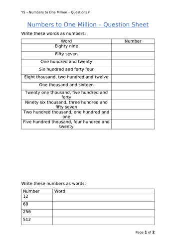 Y5 Maths - Numbers to 1 Million (Free)