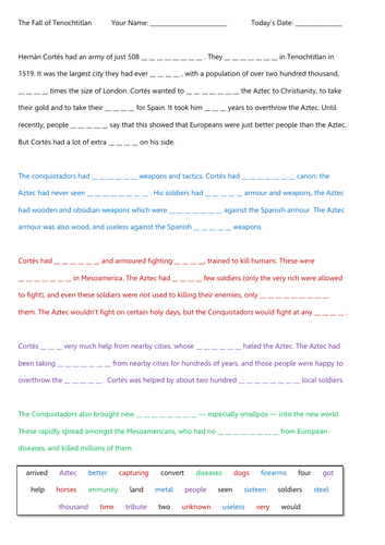 Fall Of Tenochtitlan Cloze Cortes Moctezuma Teaching Resources